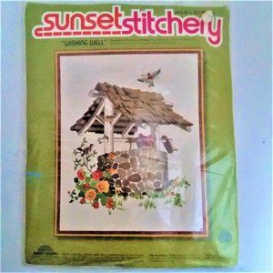 VTG Embroidery Kit Wishing Well Sunset Stitchery NEW Retro Cross Stitch Craft